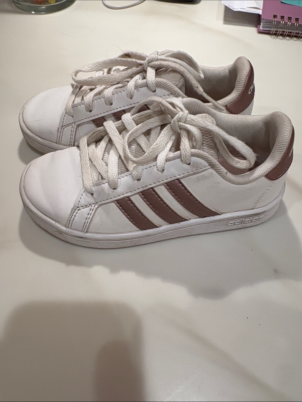 adidas Kids White Sneakers with Rose Gold Stripes
